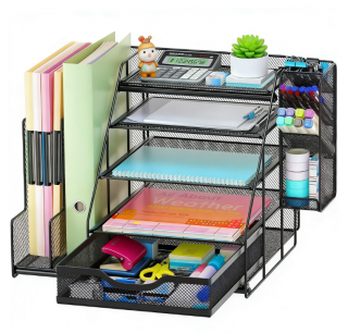 UKMK 5-Tier Desktop Organizer with a Pen Holder,Mesh Document Pockets,And Sliding Drawers,Perfect for Offices,Schools.