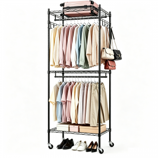 Ukmk Clothing Rack with Wheels, 3-Tier Garment Rack with Adjustable Mesh Shelves & Hanging Rails, Black.