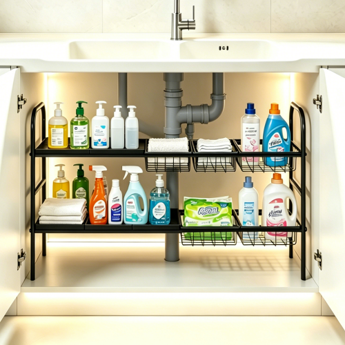 Ukmk Under Sink Organizer and Storage 2 Tier Expandable Shelves Crganizers for Cabinet Sink Storage,Black.