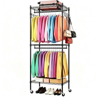 Ukmk Clothing Rack with Wheels, 3-Tier Garment Rack with Adjustable Mesh Shelves & Hanging Rails, Black.