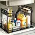 Ukmk Under Sink Organizer,2 Tier L-Shaped and Expandable Adjustable Slide out Pull out Under Organizers Shelf,Black.