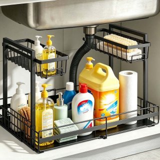 Ukmk Under Sink Organizer,2 Tier L-Shaped and Expandable Adjustable Slide out Pull out Under Organizers Shelf,Black.