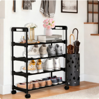 UKMK 4 Tier Shoe Rack with Wheels,Large Capacity,Adjustable Shelves,for Entryway,Office,Black